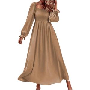 imageFloerns Womens Boho Square Neck Smocked Long Puff Sleeve A Line Maxi DressKhaki