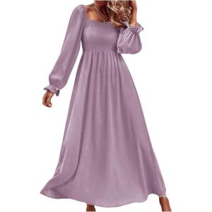 imageFloerns Womens Boho Square Neck Smocked Long Puff Sleeve A Line Maxi DressMauve Purple