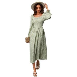 imageFloerns Womens Boho Square Neck Smocked Long Puff Sleeve A Line Maxi DressMint Green