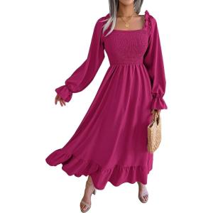 imageFloerns Womens Boho Square Neck Smocked Long Puff Sleeve A Line Maxi DressPurple Pink