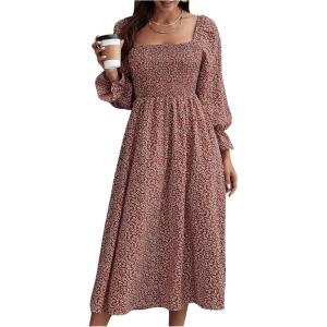 imageFloerns Womens Boho Square Neck Smocked Long Puff Sleeve A Line Maxi DressRed