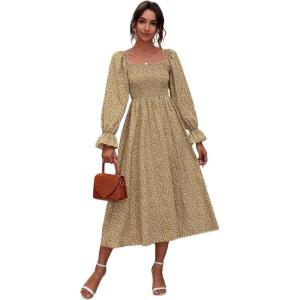 imageFloerns Womens Boho Square Neck Smocked Long Puff Sleeve A Line Maxi DressYellow