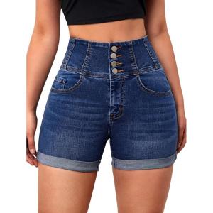 imageFloerns Womens Casual High Waist Button Fly Denim Jean ShortsDark Blue