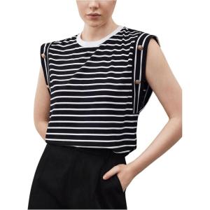 imageFloerns Womens Casual Stripe Print Cap Sleeve T Shirts Round Neck TeeBlack Ink