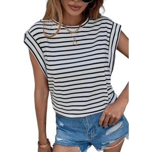 imageFloerns Womens Casual Stripe Print Cap Sleeve T Shirts Round Neck TeeBlack White