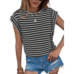 imageFloerns Womens Casual Stripe Print Cap Sleeve T Shirts Round Neck TeeBlack and White