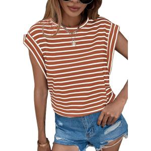 imageFloerns Womens Casual Stripe Print Cap Sleeve T Shirts Round Neck TeeBrown White