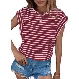imageFloerns Womens Casual Stripe Print Cap Sleeve T Shirts Round Neck TeeBurgundy