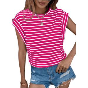 imageFloerns Womens Casual Stripe Print Cap Sleeve T Shirts Round Neck TeeHot Pink White