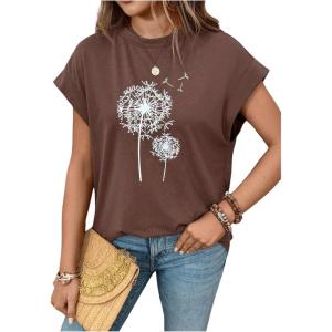 imageFloerns Womens Casual Stripe Print Cap Sleeve T Shirts Round Neck TeeKhaki Plants
