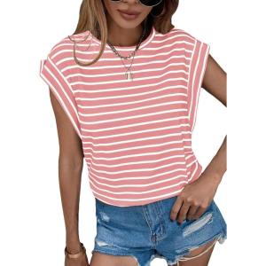 imageFloerns Womens Casual Stripe Print Cap Sleeve T Shirts Round Neck TeeLight Pink White