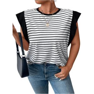 imageFloerns Womens Casual Stripe Print Cap Sleeve T Shirts Round Neck TeeMulticolored