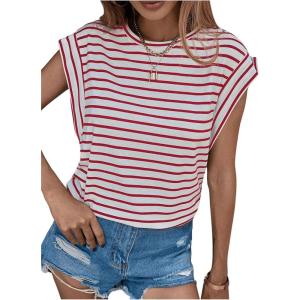 imageFloerns Womens Casual Stripe Print Cap Sleeve T Shirts Round Neck TeeRed and White