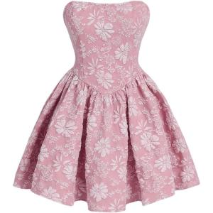 imageFloerns Womens Elegant Strapless Jacquard Flare Hem Mini Tube DressDusty Pink
