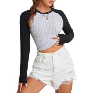 imageFloerns Womens Plaid Checkered Long Sleeve Mock Neck Crop Top Tee ShirtsBlack and Grey