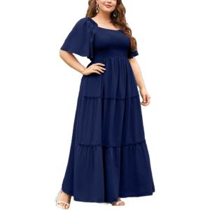 imageFloerns Womens Plus Size Short Sleeve Solid Boho Dress A Line Smocked Midi DressNavy Blue