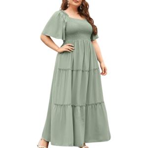 imageFloerns Womens Plus Size Short Sleeve Solid Boho Dress A Line Smocked Midi DressSolid Green
