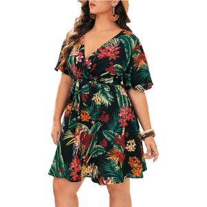 imageFloerns Womens Plus Size Tropical Print V Neck Short Sleeve Belted Short DressBlack Multi