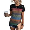 imageFloerns Womens Button Striped Block Color Round Neck Short Sleeve T Shirt Casual TeeBlack Striped Multi