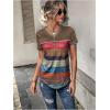 imageFloerns Womens Button Striped Block Color Round Neck Short Sleeve T Shirt Casual TeeBrown Multi