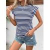 imageFloerns Womens Casual Cap Sleeve Boat Neck Striped Print Slim Fit Tee ShirtNavy Blue