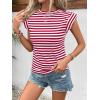 imageFloerns Womens Casual Cap Sleeve Boat Neck Striped Print Slim Fit Tee ShirtRed