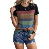 imageFloerns Womens Button Striped Block Color Round Neck Short Sleeve T Shirt Casual TeeBlack Striped Multi