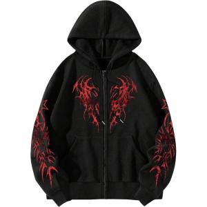 imageFloerns Mens Causal Graphic Print Long Sleeve Zip Up Drawstring Thermal Hoodies Sweatshirt With PocketsBlack and Red