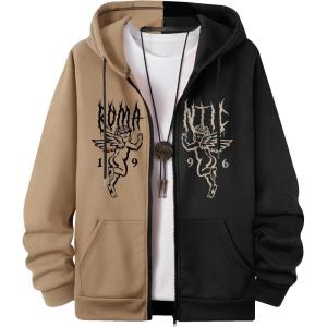 imageFloerns Mens Causal Graphic Print Long Sleeve Zip Up Drawstring Thermal Hoodies Sweatshirt With PocketsBrown and Black