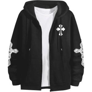 imageFloerns Mens Causal Graphic Print Long Sleeve Zip Up Drawstring Thermal Hoodies Sweatshirt With PocketsCoal Black