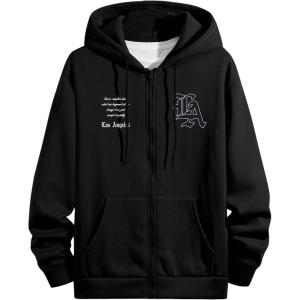 imageFloerns Mens Causal Graphic Print Long Sleeve Zip Up Drawstring Thermal Hoodies Sweatshirt With PocketsDark Black