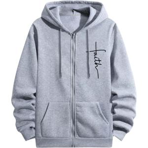 imageFloerns Mens Causal Graphic Print Long Sleeve Zip Up Drawstring Thermal Hoodies Sweatshirt With PocketsGrey