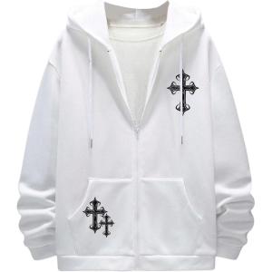 imageFloerns Mens Causal Graphic Print Long Sleeve Zip Up Drawstring Thermal Hoodies Sweatshirt With PocketsWhite Cross
