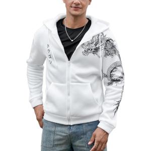 imageFloerns Mens Causal Graphic Print Long Sleeve Zip Up Drawstring Thermal Hoodies Sweatshirt With PocketsWhite Dragon