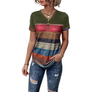imageFloerns Womens Button Striped Block Color Round Neck Short Sleeve T Shirt Casual TeeArmy Green