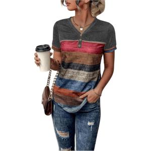 imageFloerns Womens Button Striped Block Color Round Neck Short Sleeve T Shirt Casual TeeArmy Green Multi