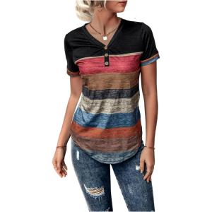 imageFloerns Womens Button Striped Block Color Round Neck Short Sleeve T Shirt Casual TeeBlack Multi