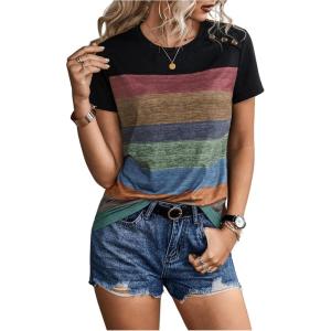 imageFloerns Womens Button Striped Block Color Round Neck Short Sleeve T Shirt Casual TeeBlack Striped Multi