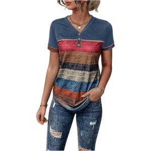 imageFloerns Womens Button Striped Block Color Round Neck Short Sleeve T Shirt Casual TeeBlue Multi
