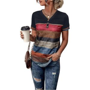 imageFloerns Womens Button Striped Block Color Round Neck Short Sleeve T Shirt Casual TeeDark Blue