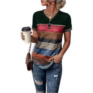 imageFloerns Womens Button Striped Block Color Round Neck Short Sleeve T Shirt Casual TeeGreen Multi