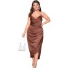 imageFloerns Womens Plus Size Satin Spaghetti Strap Cowl Neck Wrap Party Cami DressBrown