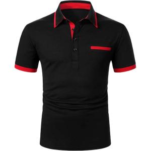 imageFloerns Mens Causal Short Sleeve Polo Shirts Contrast Collar Half Placket TShirtsBlack Red
