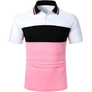 imageFloerns Mens Causal Short Sleeve Polo Shirts Contrast Collar Half Placket TShirtsBlack and Pink