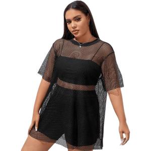 imageFloerns Womens Casual Plus Size Fishnet Sheer Mesh Short Sleeve Tee ShirtBlack Dull