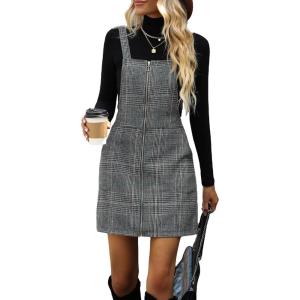 imageFloerns Womens Casual Tartan Print Zip Up Sleeveless Pinafore Overall DressGrey