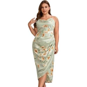 imageFloerns Womens Plus Size Satin Spaghetti Strap Cowl Neck Wrap Party Cami DressFloral Green