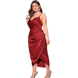 imageFloerns Womens Plus Size Satin Spaghetti Strap Cowl Neck Wrap Party Cami DressRed