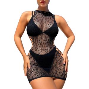 imageFloerns Womens Sheer Mesh Sleeveless Babydoll Slip Lingerie NightgownBlack High Neck