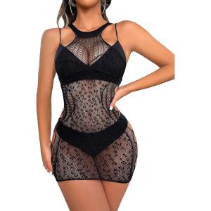 imageFloerns Womens Sheer Mesh Sleeveless Babydoll Slip Lingerie NightgownBlack Ink Leopard